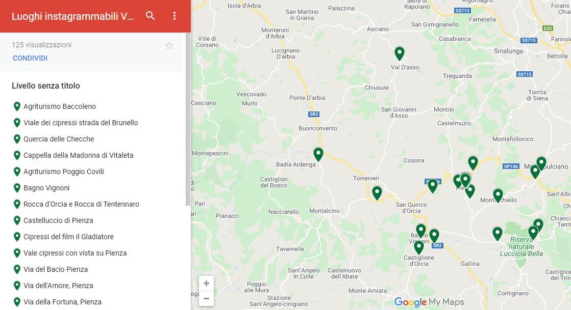 mappa luoghi instagrammabili in Val d'Orcia